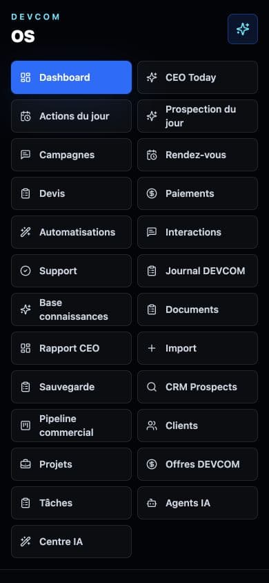 Dashboard DEVCOM OS sur mobile
